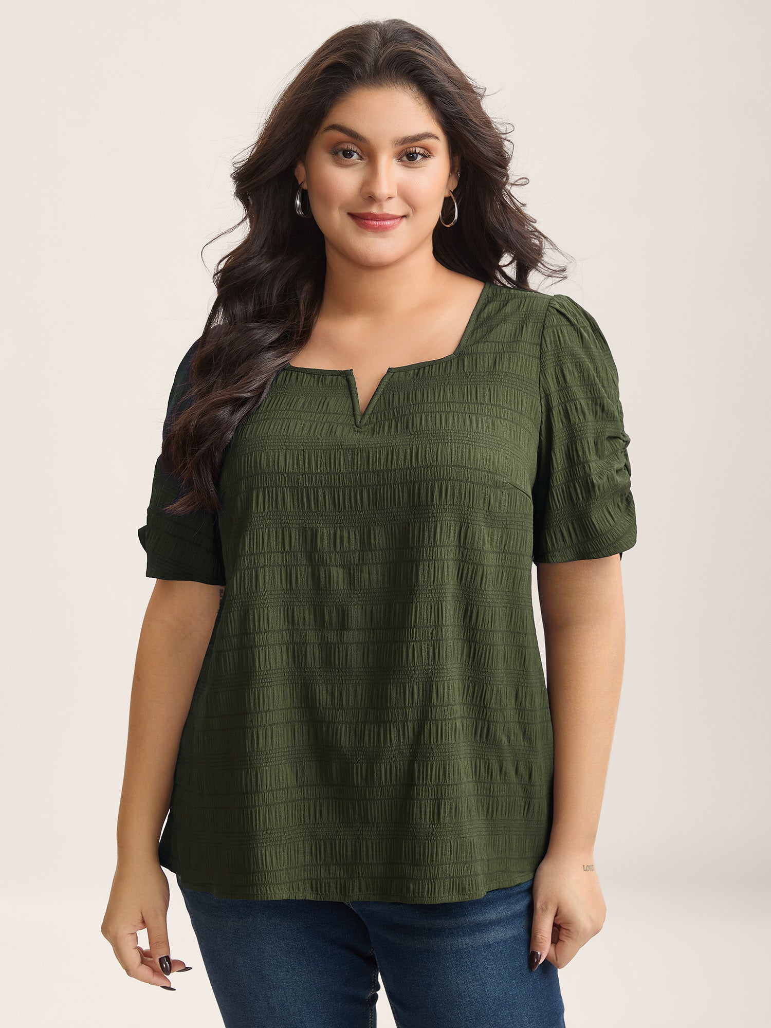 Textured Gathered Sleeve Split Neck Blouse-Sweetccc