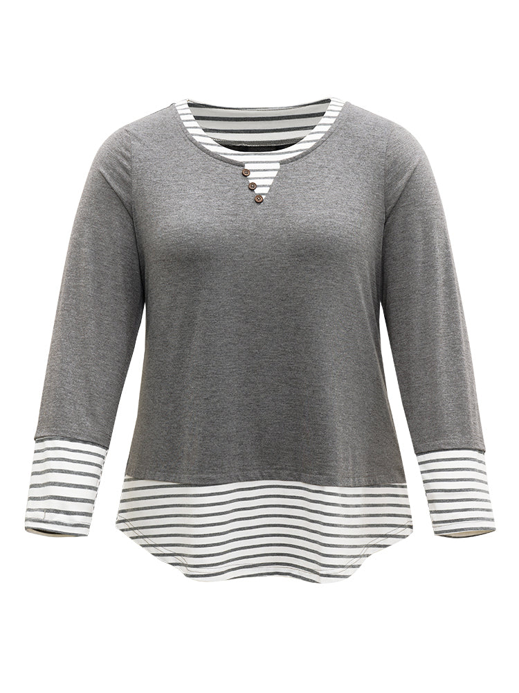 Striped Patchwork Button Detail T-shirt-Sweetccc