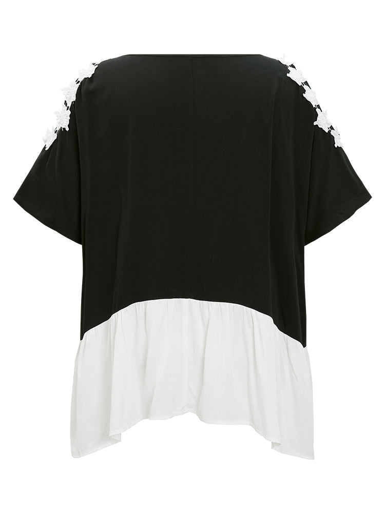 Floral Appliques Patchwork Asymmetrical Hem Cold Shoulder Blouse-Sweetccc