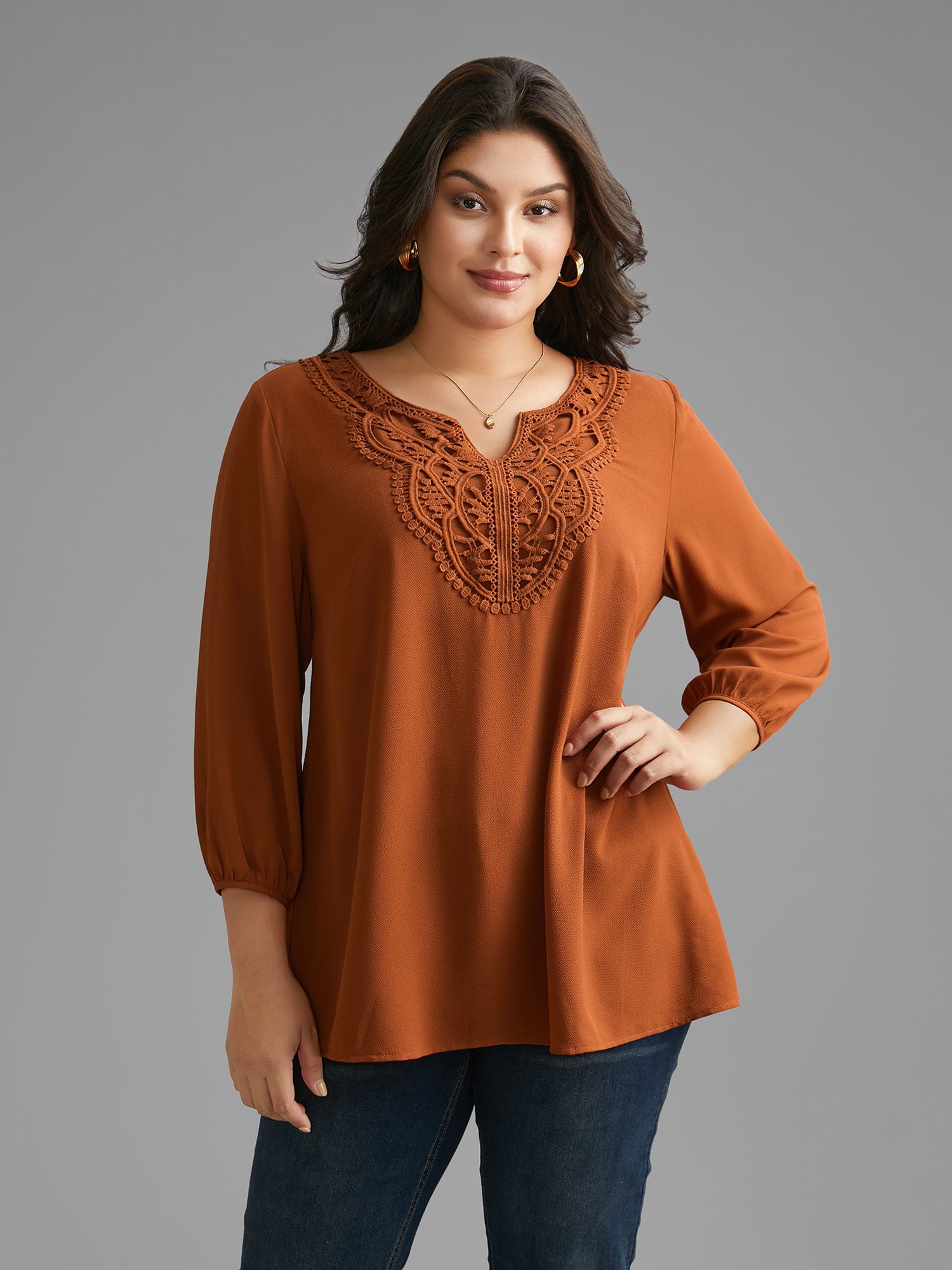 Notched Lace Trim Gathered Blouse-Sweetccc