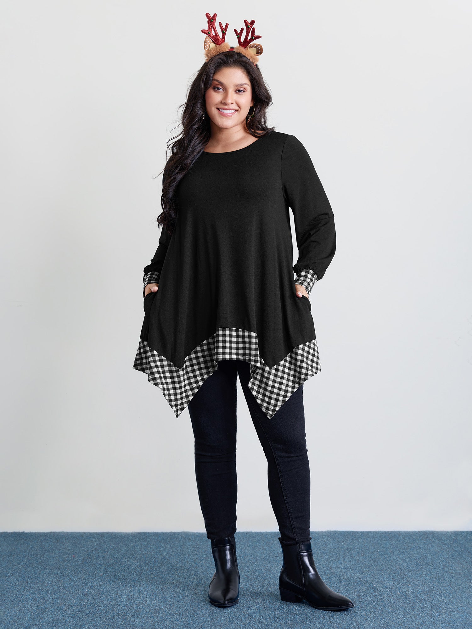 Supersoft Stretchy Checkered Asymmetrical Hem T-Shirt-Sweetccc