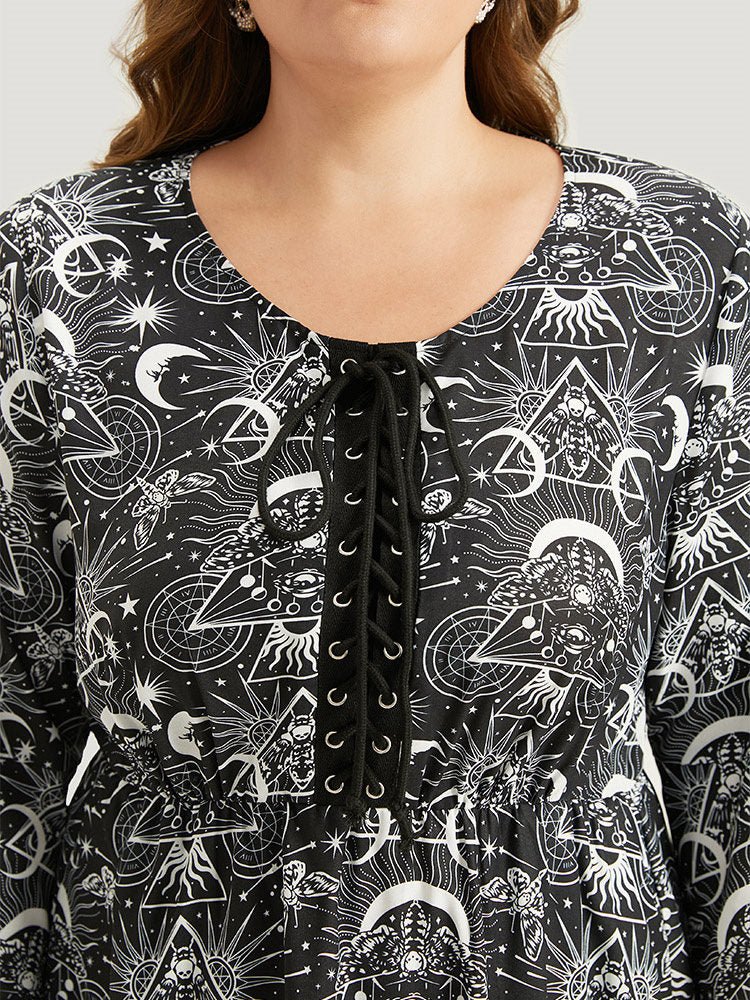 Halloween Moon & Star Lace Up Pocket Bell Sleeve Dress-Sweetccc