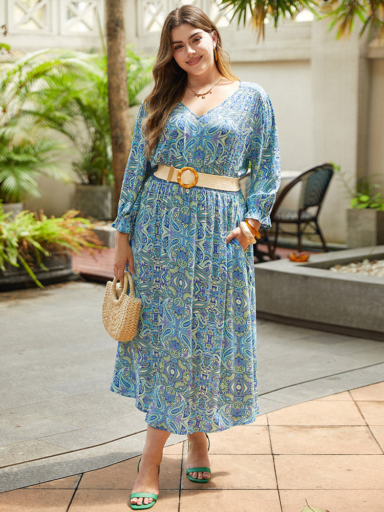 Paisley Print Shirred Flutter Trim Dress-Sweetccc