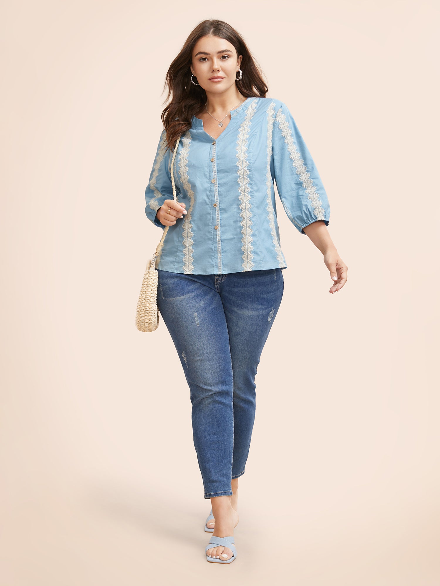 Striped Notched Embroidered Button Detail Blouse-Sweetccc