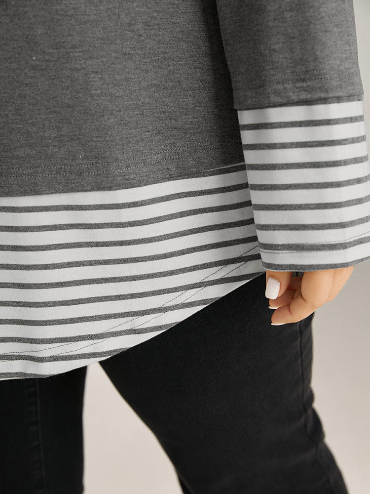 Striped Patchwork Button Detail T-shirt-Sweetccc