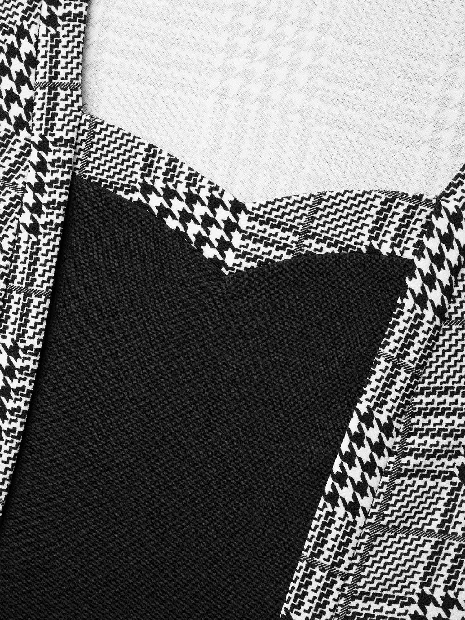 Houndstooth Print Waist-Cinched Patchwork Midi Dress-Sweetccc