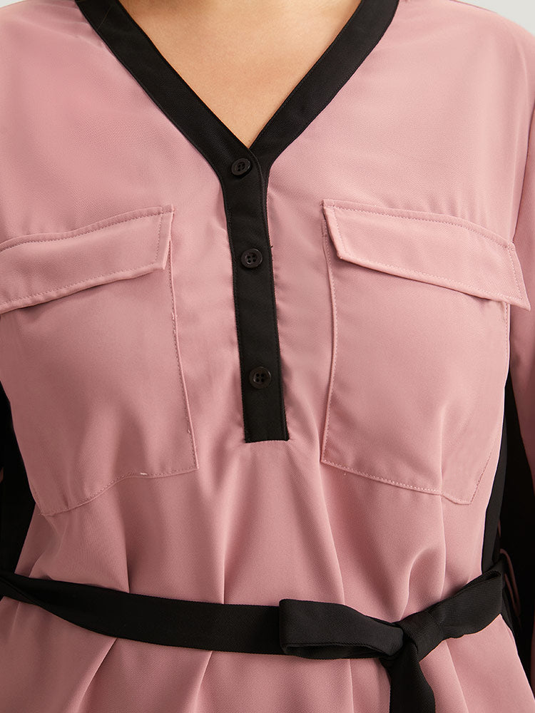 Twill Two Tone Metal Button Up Belted Dress-Sweetccc