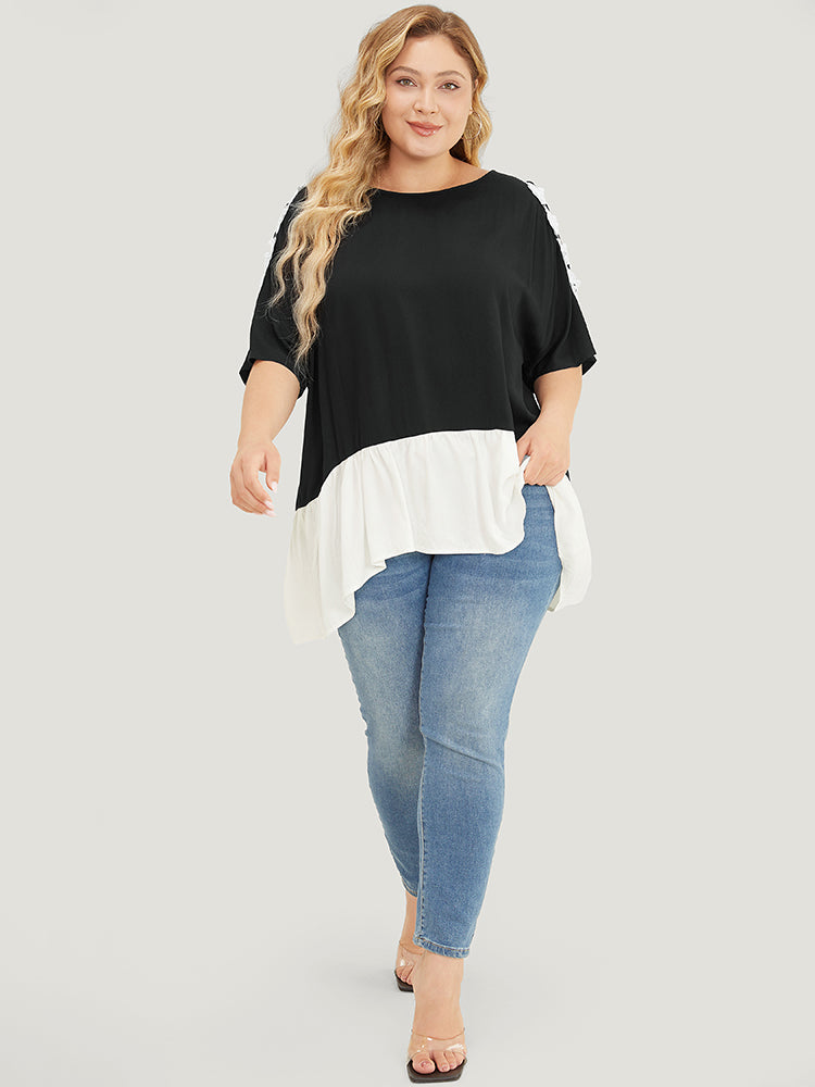 Floral Appliques Patchwork Asymmetrical Hem Cold Shoulder Blouse-Sweetccc