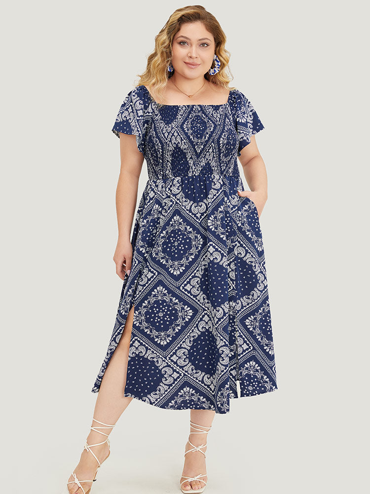 Paisley & Moroccan Print Pocket Shirred Square Neck Split Dress-Sweetccc