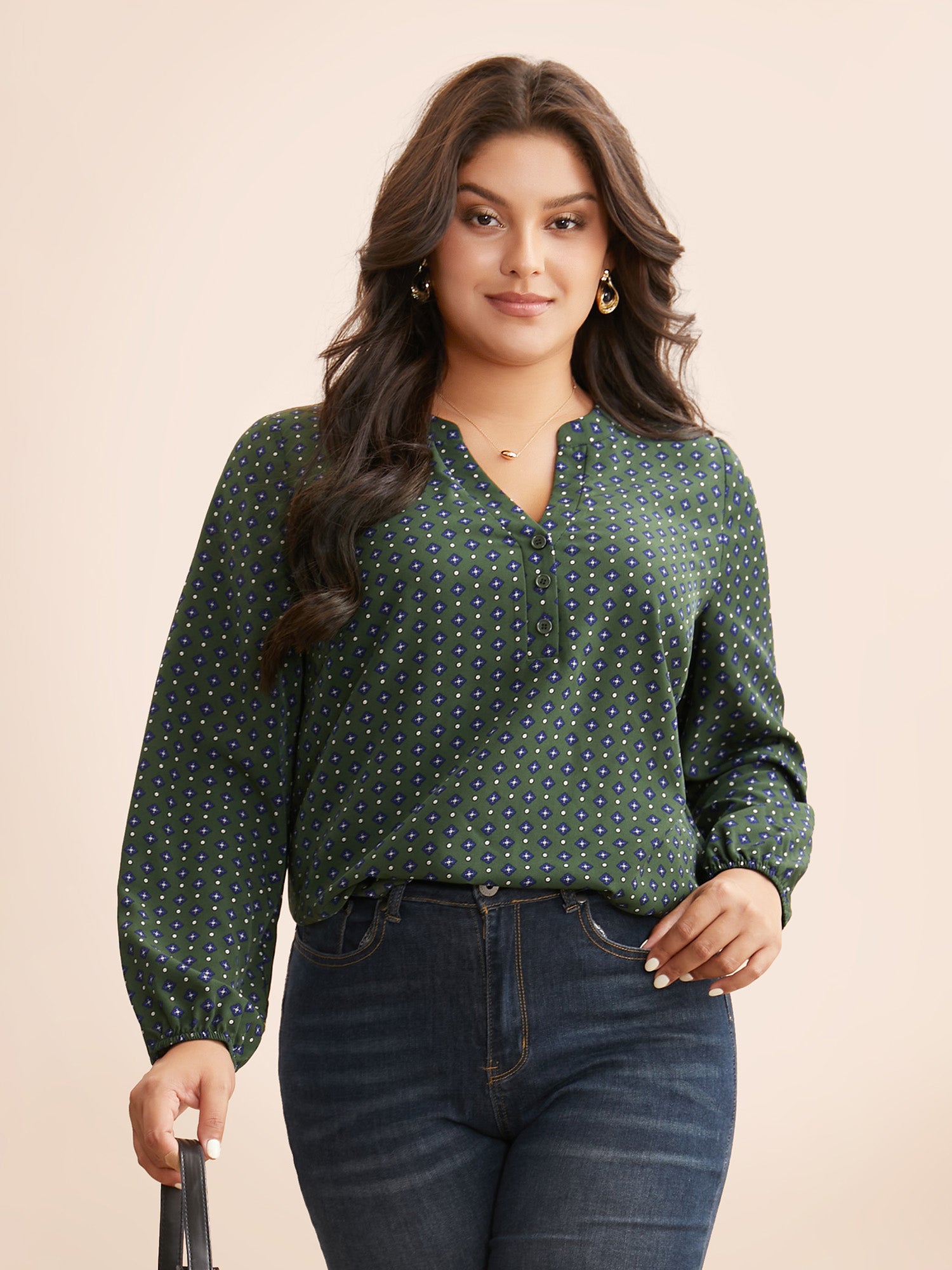 Notched Geometric Button Up Blouse-Sweetccc