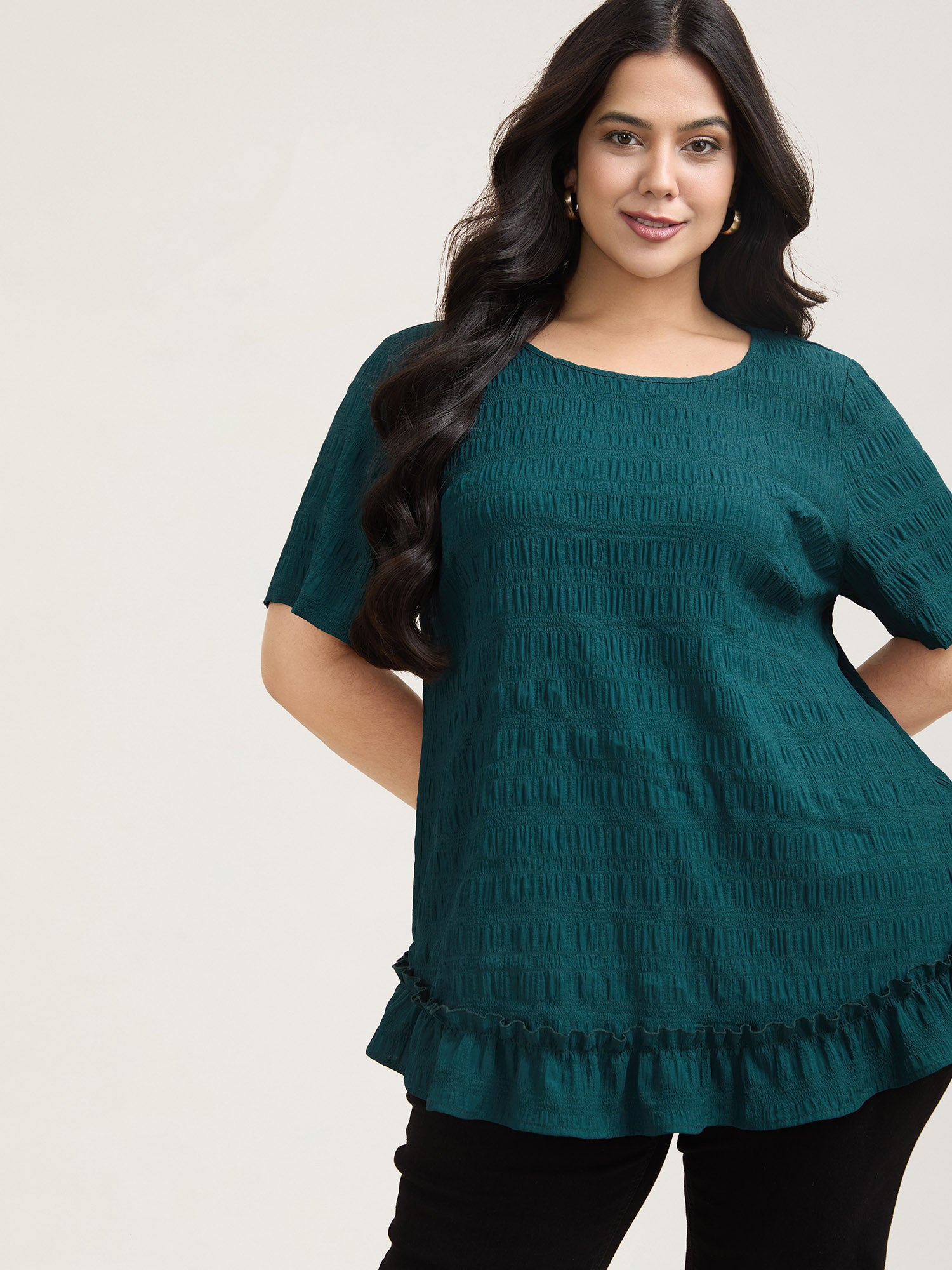 Textured Spliced Ruffle Edge Top-Sweetccc