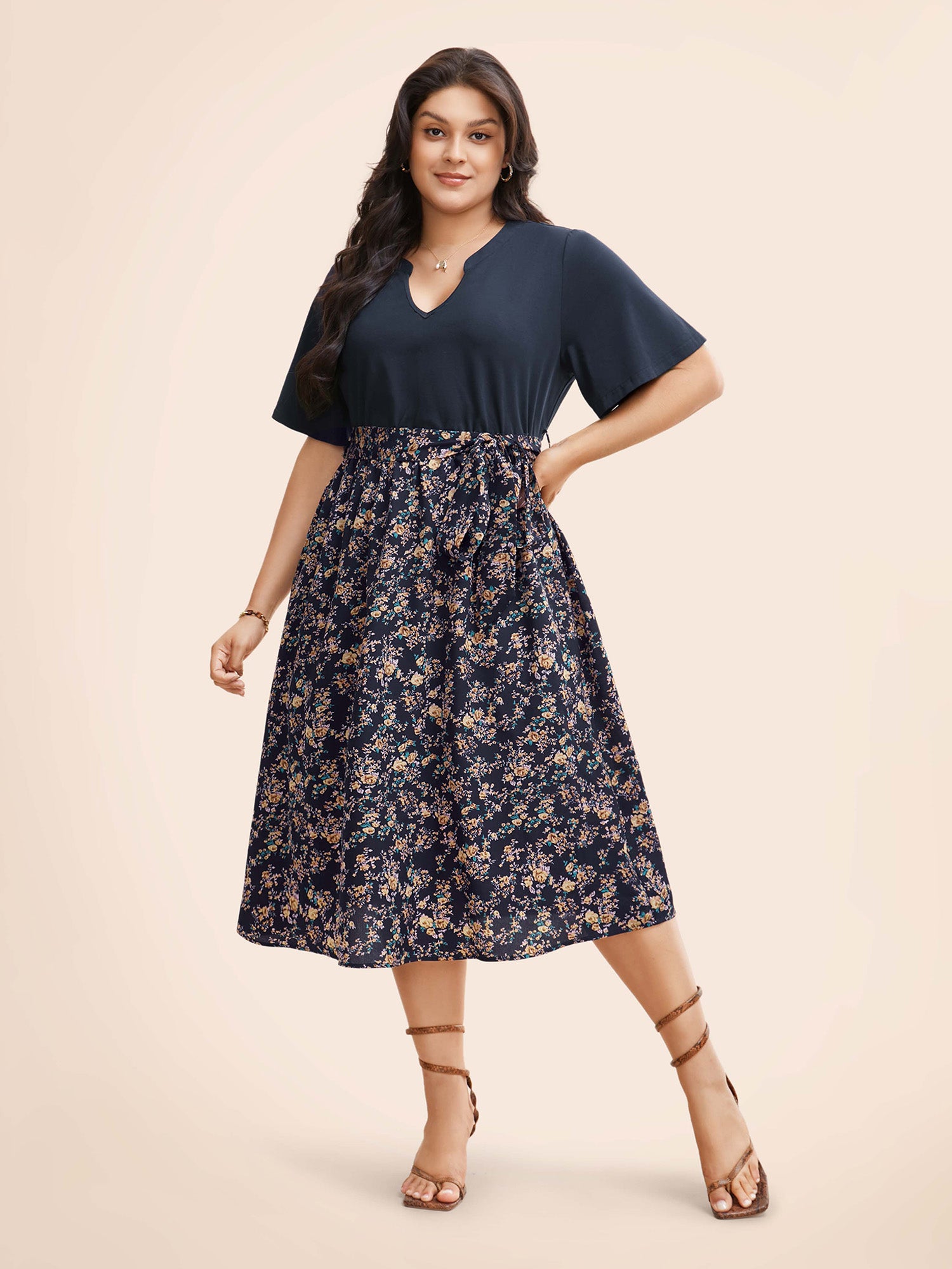 Notched Collar Floral Patchwork Belted Dress-Sweetccc