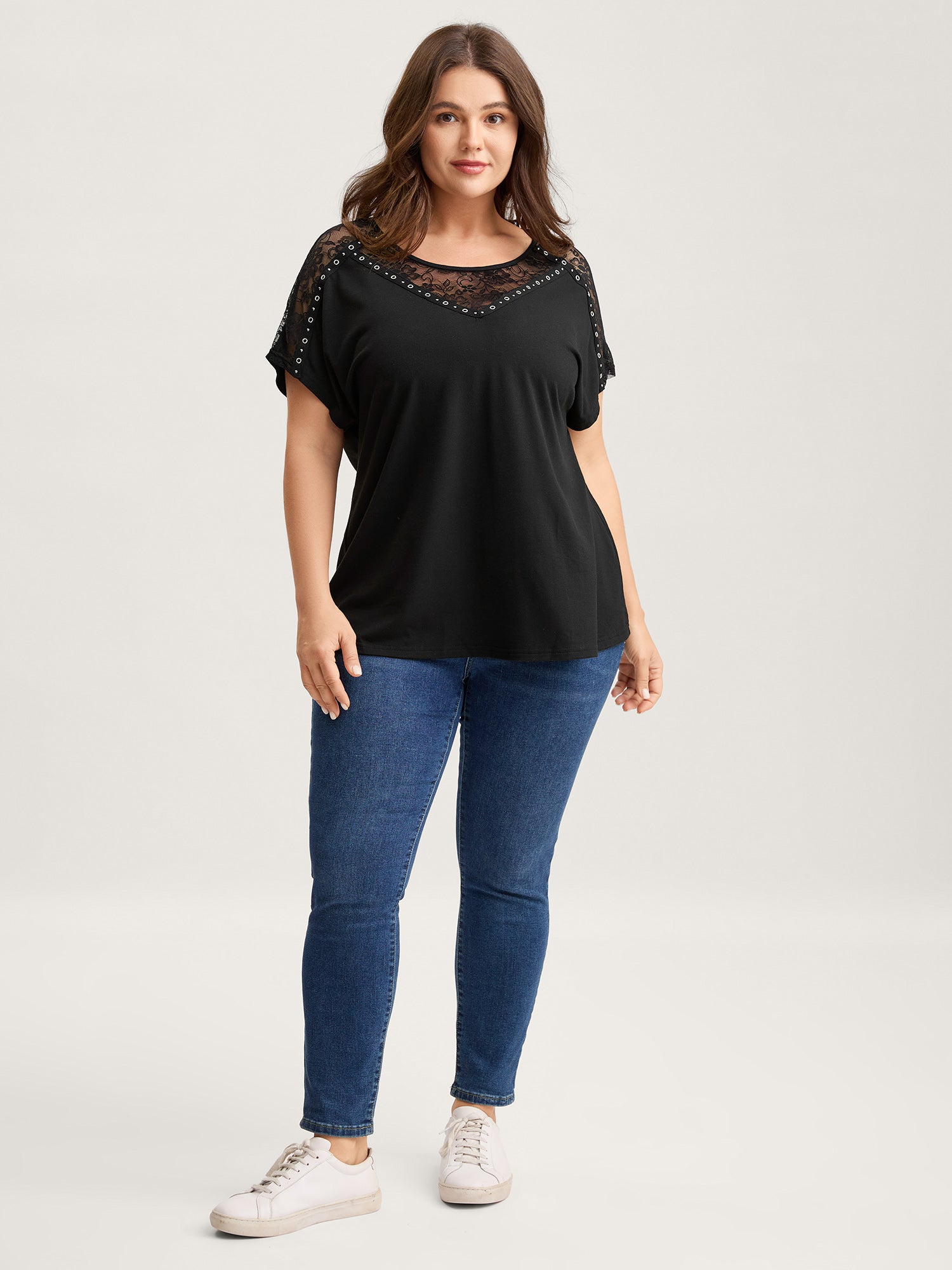 Lace Trim Sheer Solid T-Shirt-Sweetccc