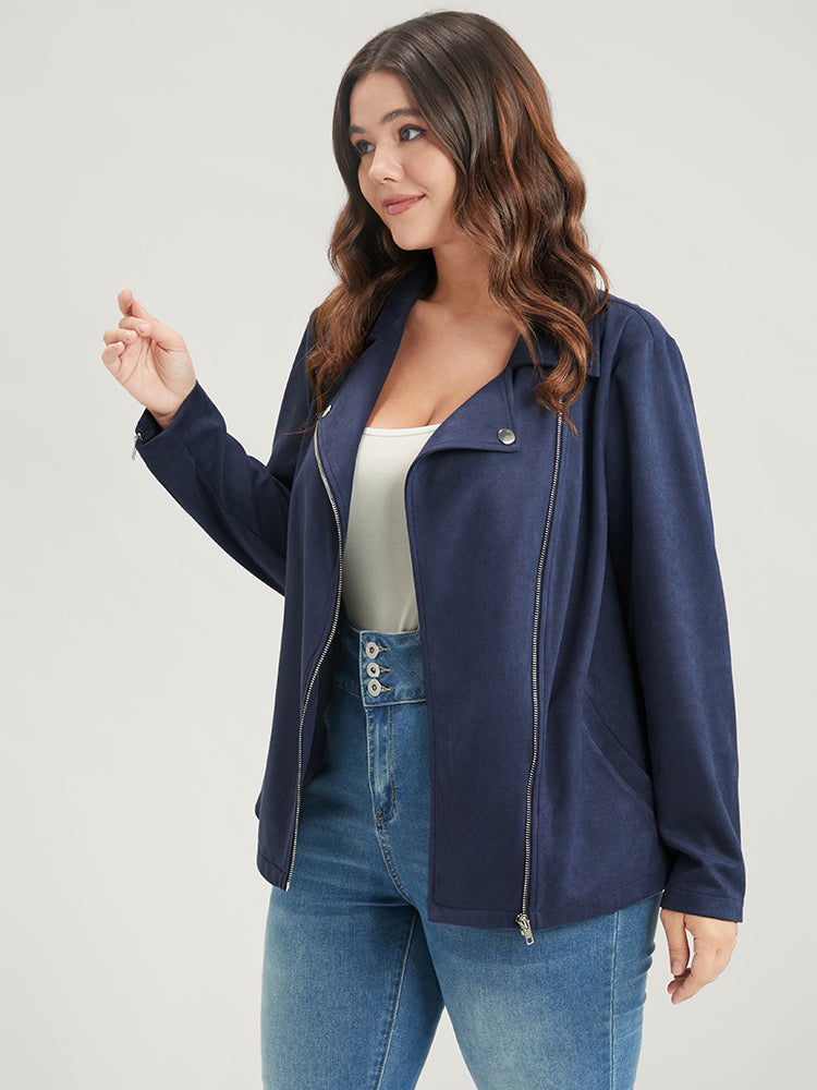 Solid Lapel Collar Pocket Zip Up Coat-Sweetccc