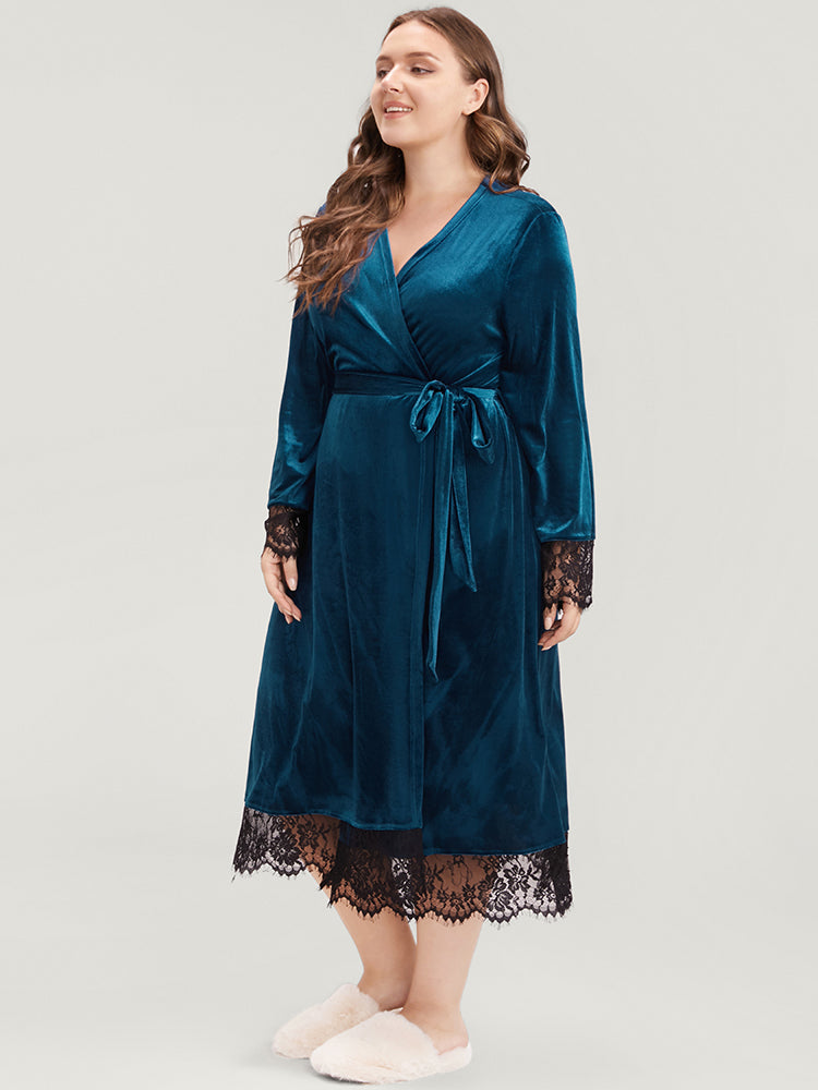 Solid Lace Trim Belted Wrap Velvet Midi Dress-Sweetccc