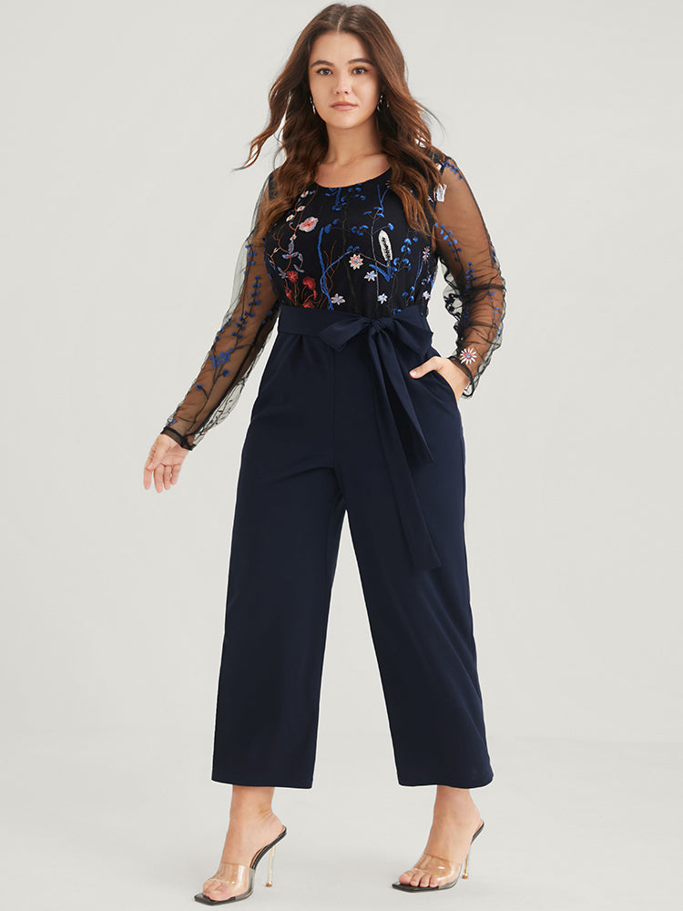 Solid Pocket Embroidered Mesh Sleeve Knotted Jumpsuit-Sweetccc