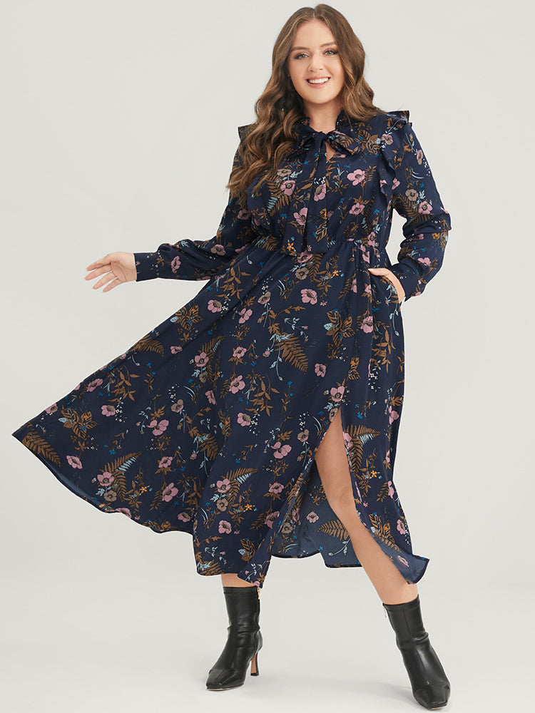 Floral Pocket Knotted Neck Ruffle Trim Split Dress-Sweetccc