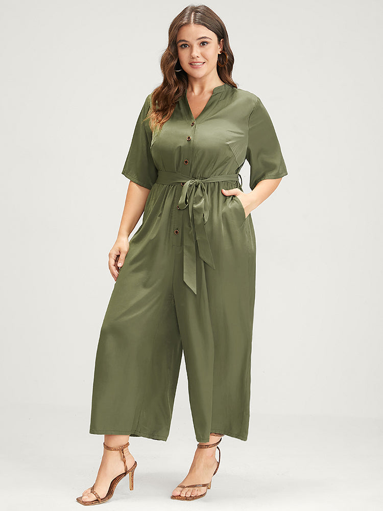 Solid Pocket Button Belted Jumpsuit-Sweetccc
