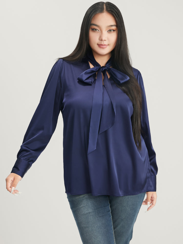 Solid Knotted V Neck Satin Blouse-Sweetccc