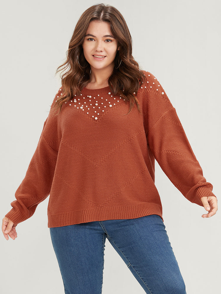 Solid Pointelle Knit Pearls Beaded Knit Top-Sweetccc