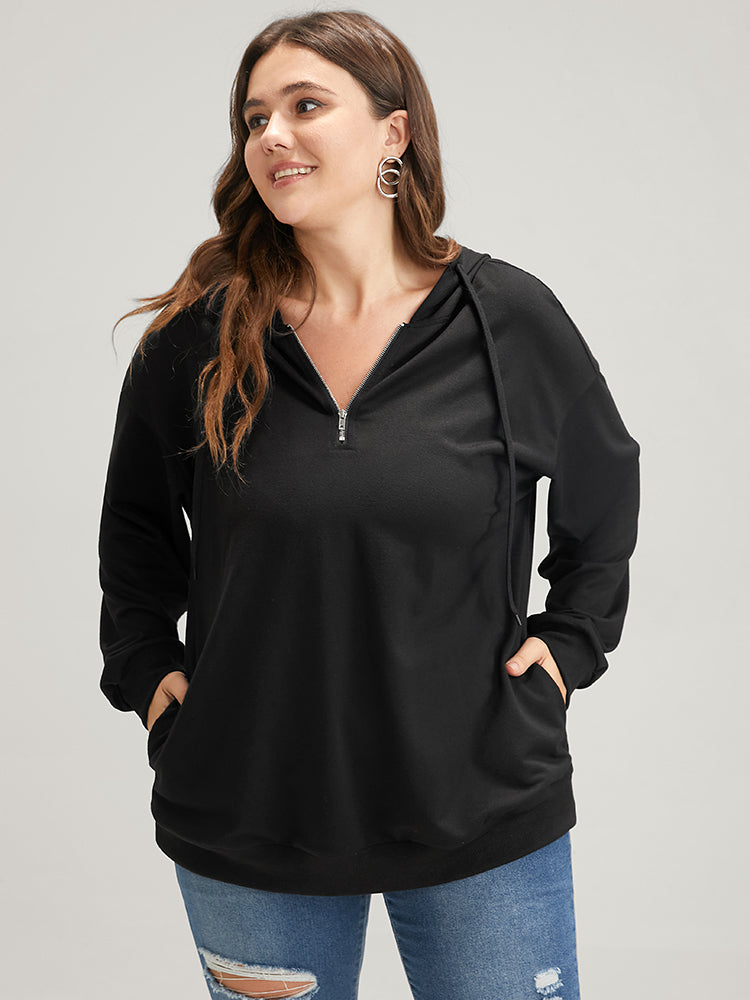 Solid Zipper Front Pocket Drawstring Hooded Sweatshirt-Sweetccc