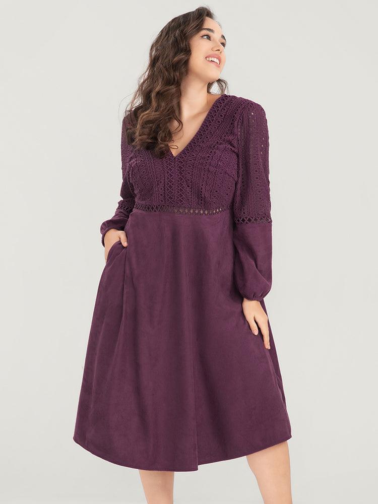 Solid Lantern Sleeve Pocket Crochet Lace Dress-Sweetccc