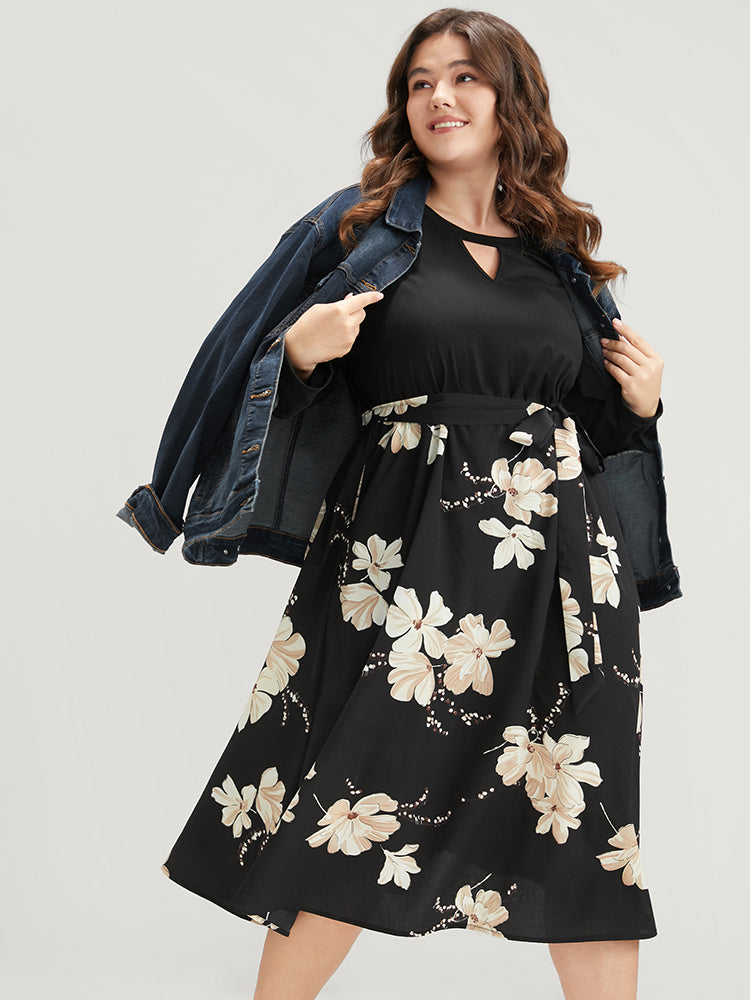 Floral Print Keyhole Round Neck Pocket Belted Dress-Sweetccc