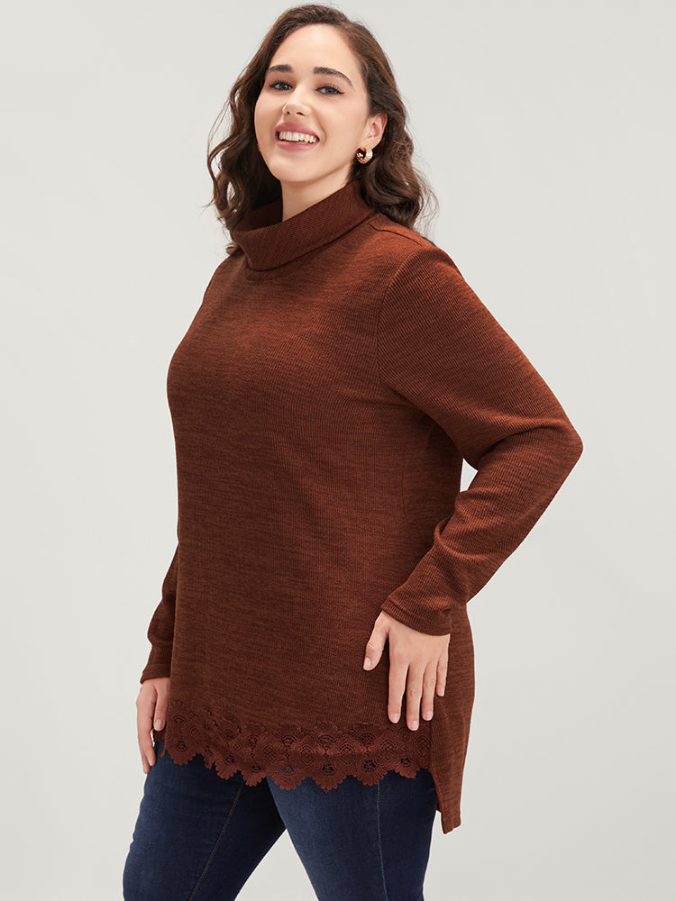 Solid Lace Asymmetrical Hem Funnel Neck Sweatshirt-Sweetccc