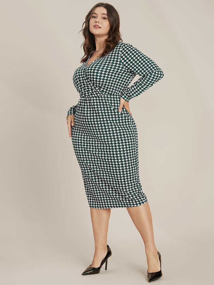 Houndstooth Print Wrap Bodycon Midi Dress Without Belt-Sweetccc