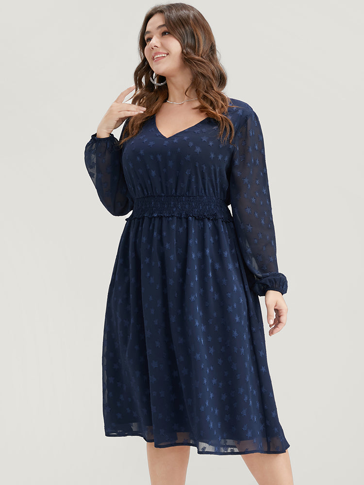Star Print Pocket Lantern Sleeve Shirred Chiffon Dress-Sweetccc
