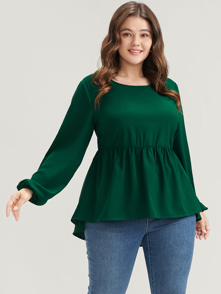 Solid Lantern Sleeve High Low Hem Flutter Blouse-Sweetccc