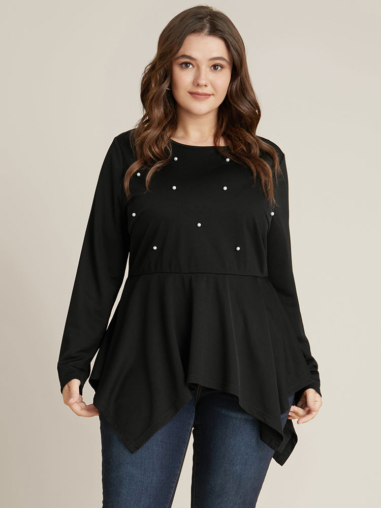 Solid Pearl Beaded Hanky Hem Long Tee-Sweetccc