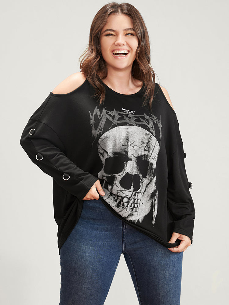 Halloween Skull Print Cold Shoulder Sweatshirt-Sweetccc