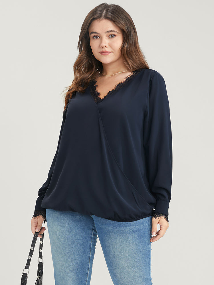 Solid Lace Trim Wrap Blouse-Sweetccc