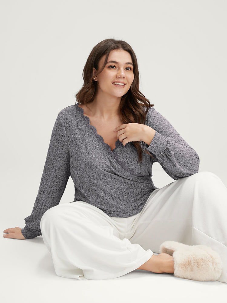 Solid Lace Trim Rib Knit Crossover Long Tee-Sweetccc