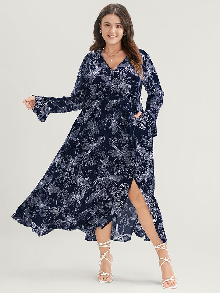 Floral Print Belted Pocket Split Hem Wrap Dress-Sweetccc