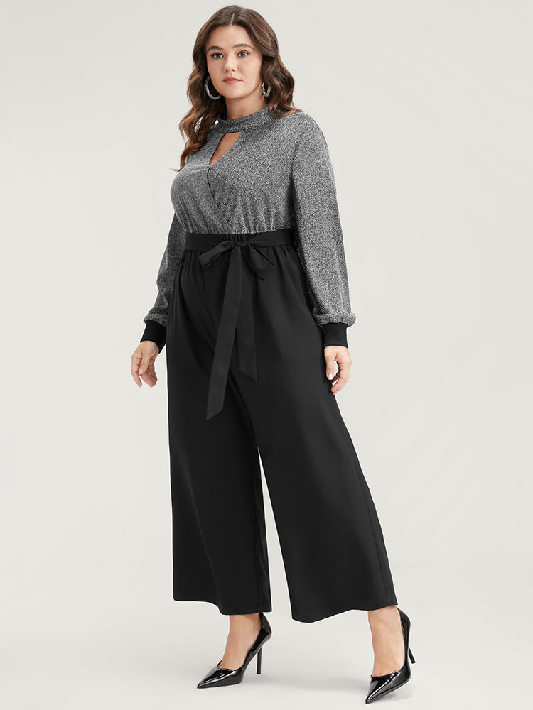 Solid Patchwork Pocket Keyhole Belted Sequin Jumpsuit-Sweetccc