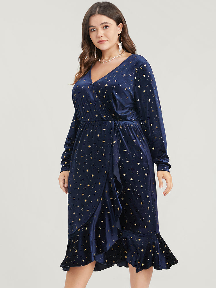 Star Print Wrap Ruffle Trim Velvet Midi Dress-Sweetccc