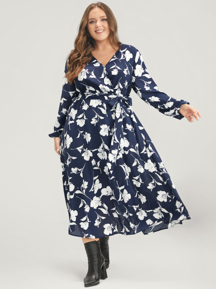Floral Pocket Surplice Neck Belted Midi Dress-Sweetccc