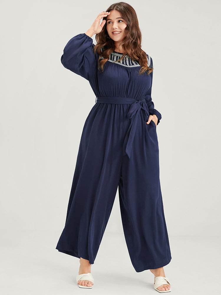 Solid Pocket Lantern Sleeve Embroidered Belted Jumpsuit-Sweetccc