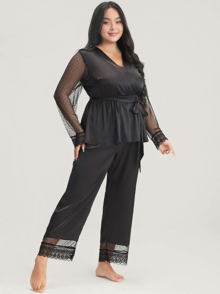 Solid Mesh Lace Wrap Belted Pajama Set-Sweetccc