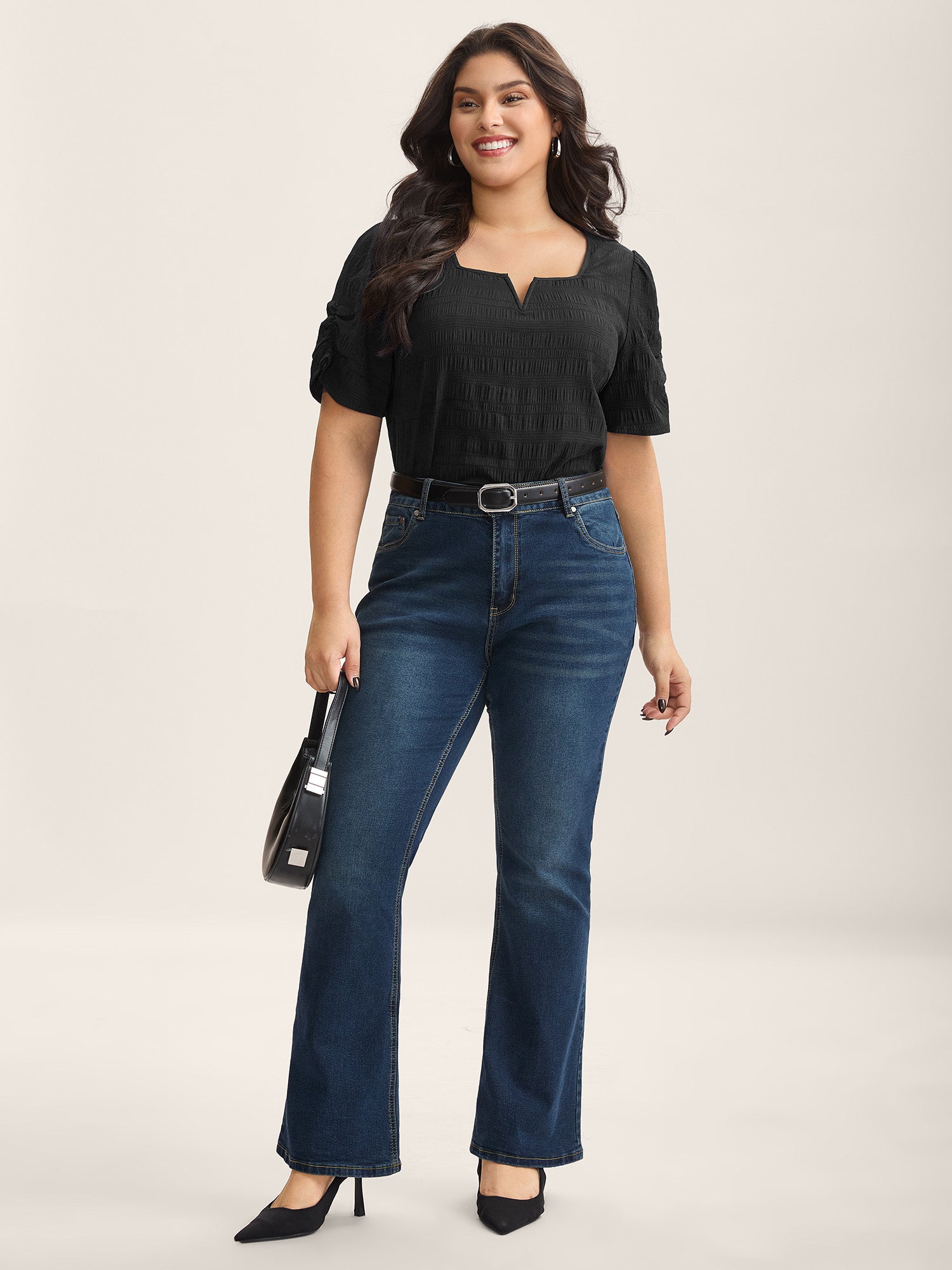 Textured Gathered Sleeve Split Neck Blouse-Sweetccc