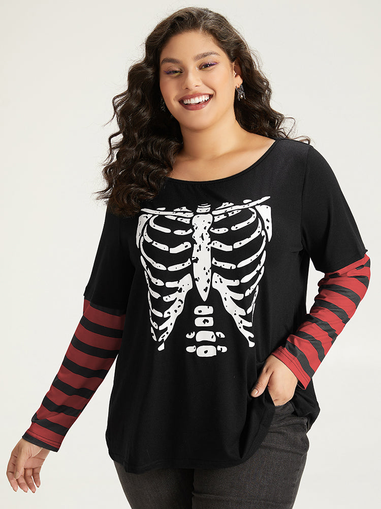 Halloween Striped & Skull Print Patchwork T-shirt-Sweetccc