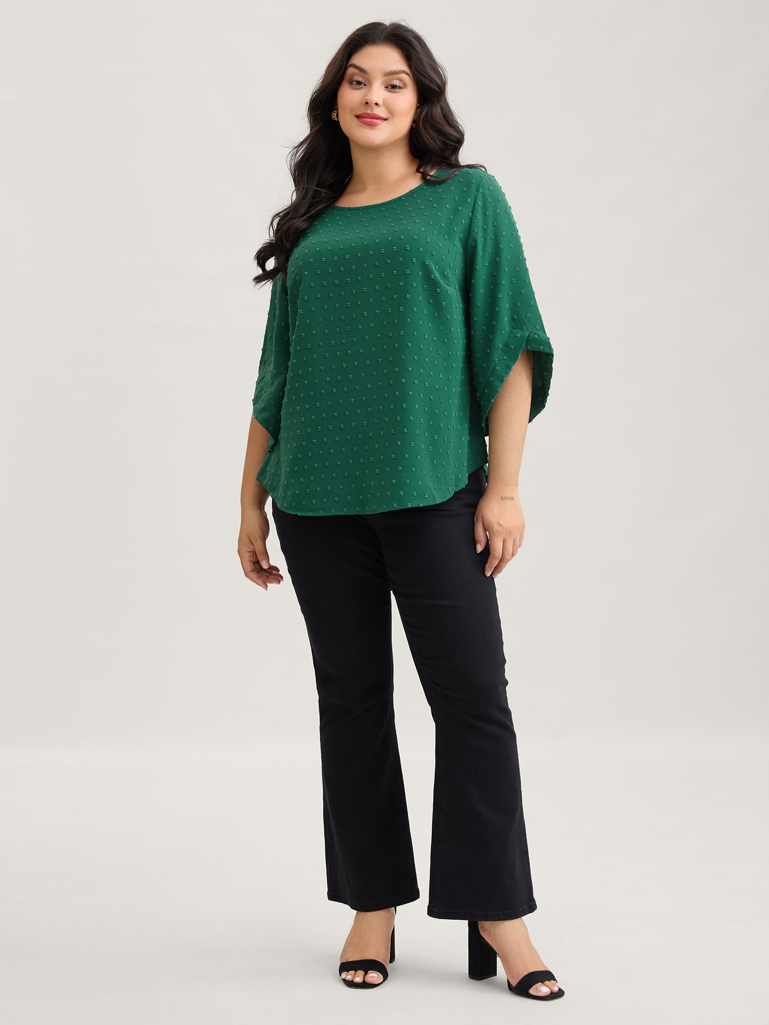 Textured Round Neck Bell Sleeve Blouse-Sweetccc