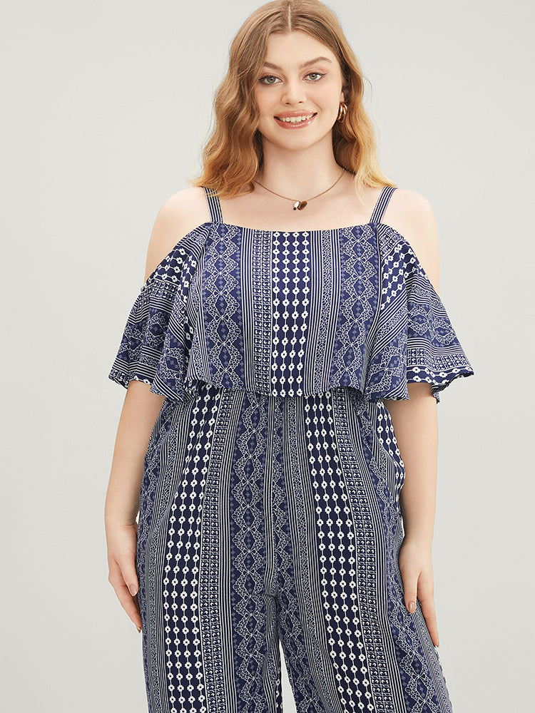 Striped Geometric Pocket Ruffles Cold Shoulder Jumpsuit-Sweetccc