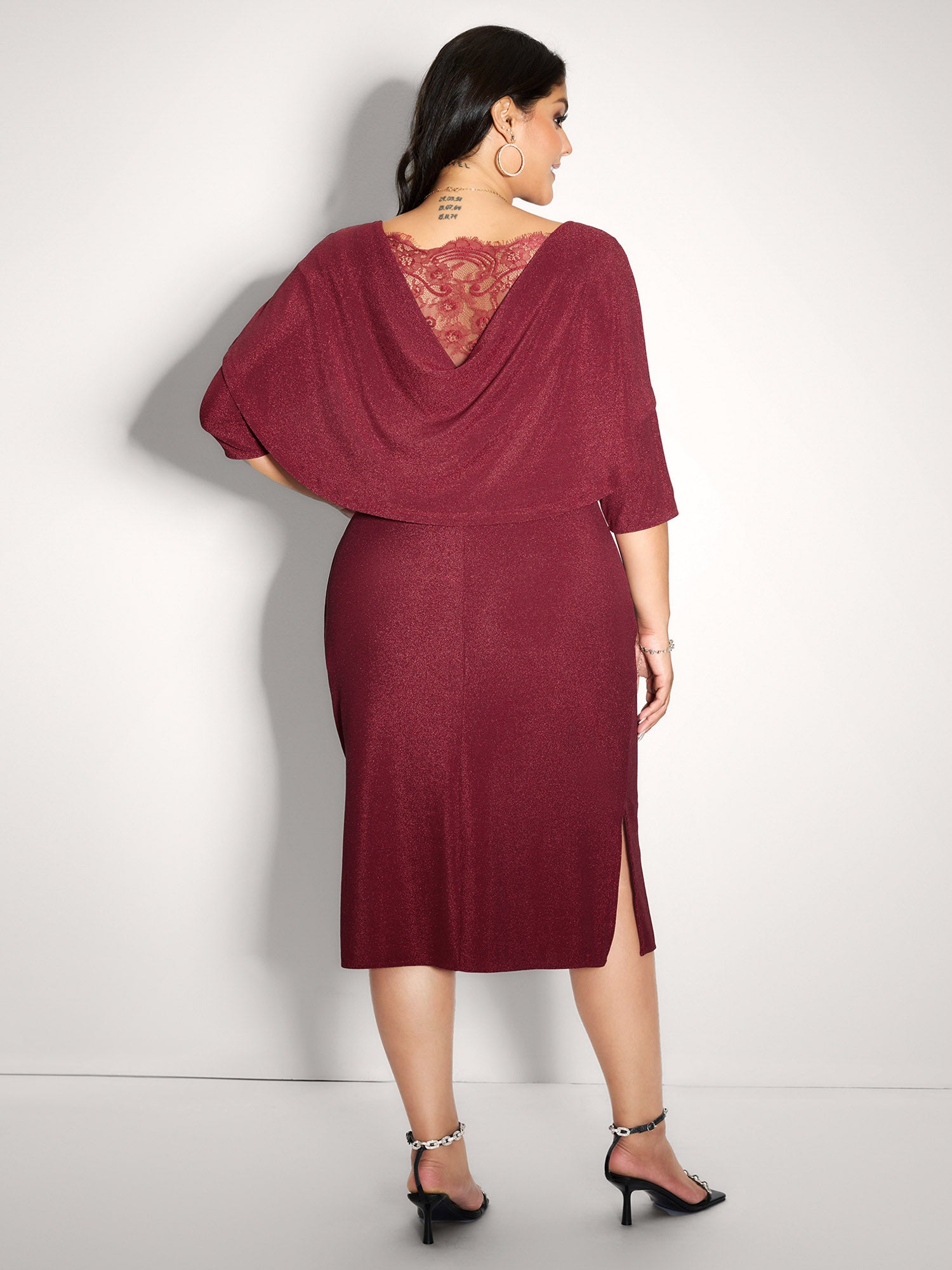 Lurex Drape Back Lace Trim Midi Dress-Sweetccc