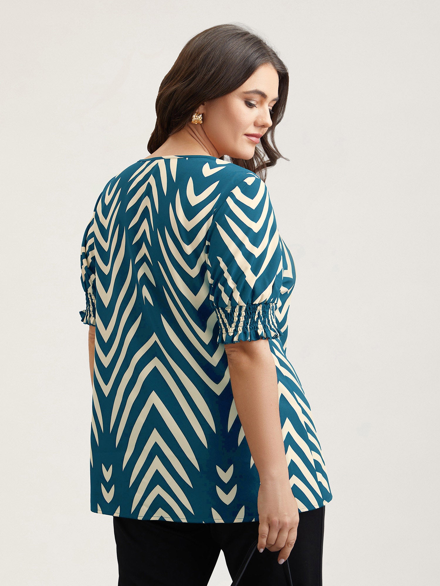 Geometric Print Ruffled Shirred Shirt-Sweetccc