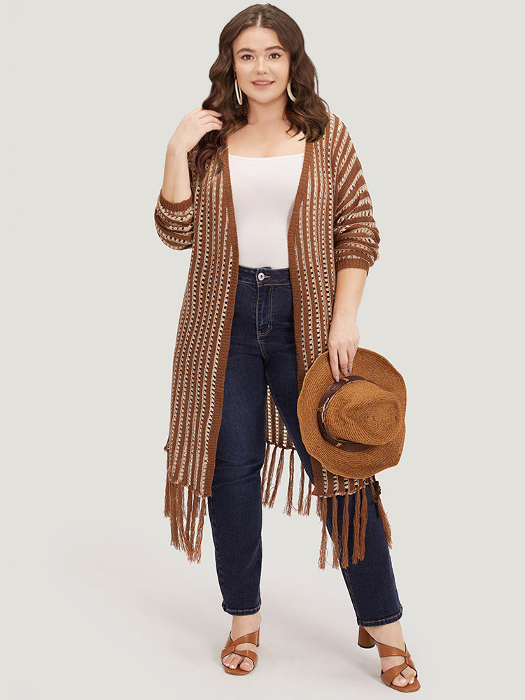 Striped Open Front Tassel Trim Hollow Out Cardigan-Sweetccc
