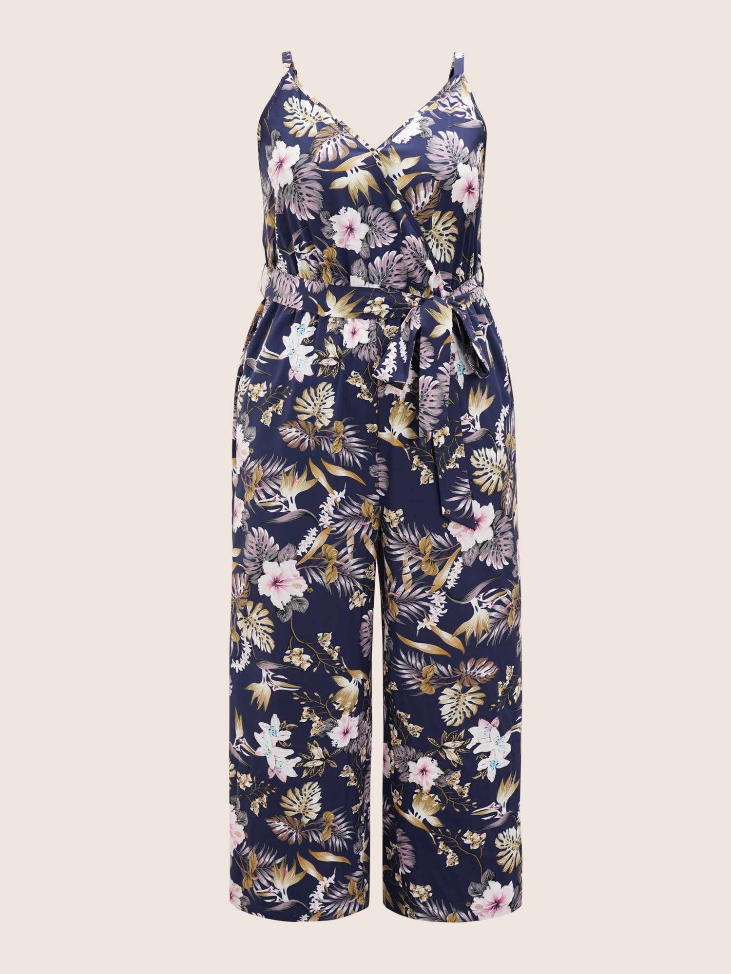 Floral Belted Pocket Wrap Cami Jumpsuit-Sweetccc