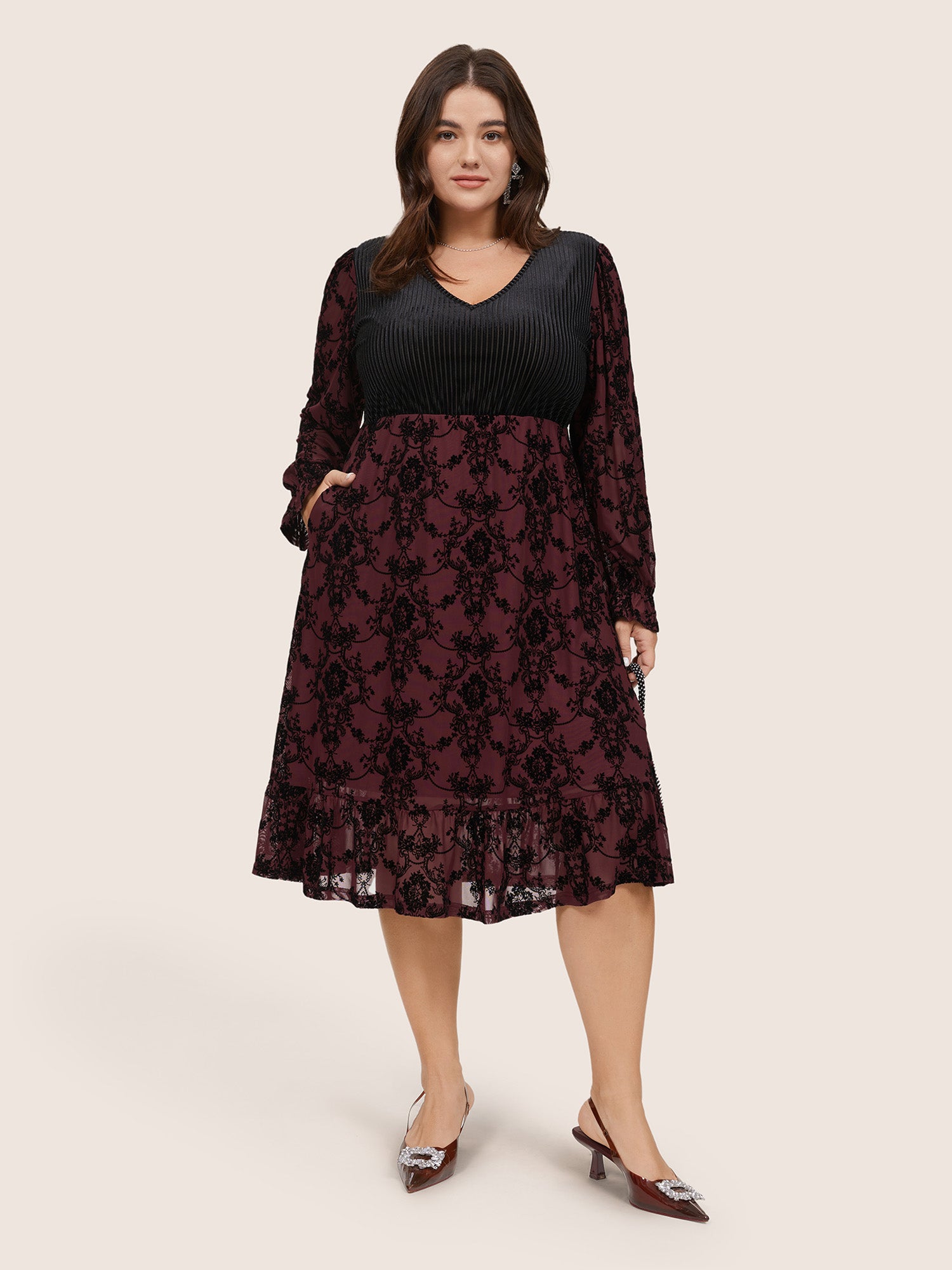 Velvet Patchwork Geometric Pleated Dress-Sweetccc